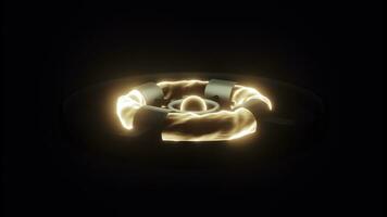brilhante brilhando fogo circular formas dentro Preto metal anel. Projeto. rotativo queimando testemunho cercado de energia anel em uma Preto fundo, desatado laço. foto