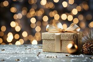 ai gerado Natal presente caixas em a chão Natal árvore galhos e Natal bolas bokeh luzes fundo. generativo ai foto