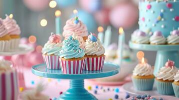 ai gerado uma mesa adornado com bolos de copo, velas, e colorida decorações para uma doce aniversário celebração foto