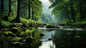 ai gerado uma rio fluindo através uma floresta. criada com generativo ai foto