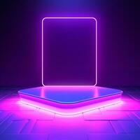 ai gerado esvaziar pódio com quadrado em quadrado e néon linha gradiente em pódio e roxa luz em fundo. foto