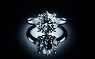 ai gerado diamante anel, Casamento anel, branco ouro, brilhos em uma Preto fundo. foto