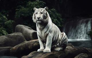 ai gerado branco tigre dentro a profundo floresta, raro animal, protegido animal foto