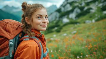 ai gerado feliz lindo menina ir caminhada dentro a floresta foto