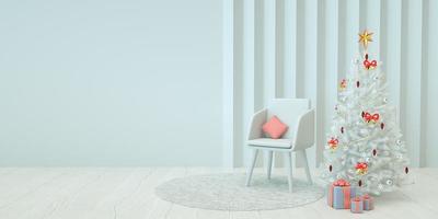 Ilustração minimalista do interior do natal com árvore de natal e cadeira renderização em 3D