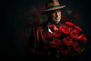 ai gerado uma misterioso homem apresenta uma vibrante ramalhete do vermelho rosas foto