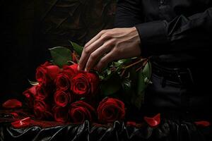 ai gerado uma misterioso homem apresenta uma vibrante ramalhete do vermelho rosas foto