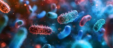 ai gerado diferente tipos do microscópico bactérias ou micróbios flutuando foto