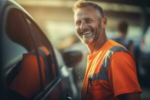 ai gerado uma feliz carro limpador homem lado face, embaçado fundo, fechar-se foto