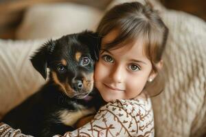 ai gerado pequeno menina com dela cachorro às casa foto