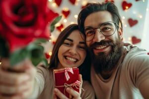 ai gerado alegre adorável casal levando selfie em dia dos namorados dia, feliz namorados dia conceito foto