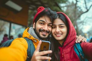 ai gerado alegre adorável casal levando selfie em dia dos namorados dia, feliz namorados dia conceito foto