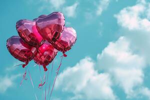 ai gerado Rosa coração em forma frustrar ar balões flutuando em azul nublado céu, dia dos namorados dia celebração foto