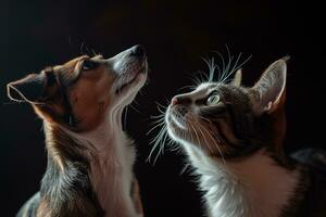 ai gerado atento cachorro e gato olhando acima dentro mesmo direção foto