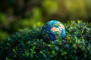 ai gerado global terra em solo dentro floresta com samambaias e Sol brilho foto