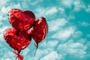 ai gerado vermelho coração em forma frustrar ar balões flutuando em azul nublado céu, dia dos namorados dia celebração foto