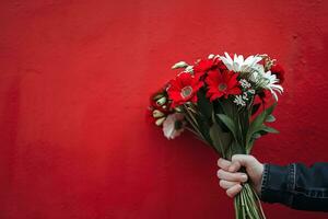 ai gerado do homem mão segurando lindo flor ramalhete em vermelho fundo, fechar-se visualizar. espaço para texto, feliz dia dos namorados dia conceito foto