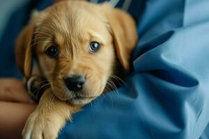 ai gerado uma veterinário é segurando uma fofa cachorro foto