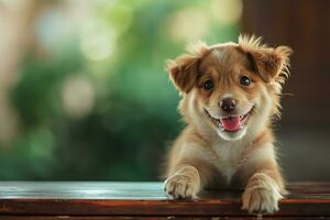 ai gerado uma feliz cachorro em mesa, nacional cachorro dia foto