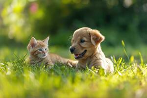 ai gerado feliz pequeno laranja havanese cachorro cachorro e gato estão sentado dentro a Relva foto