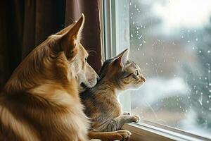 ai gerado cachorro e gato Como melhor amigos, olhando Fora a janela juntos foto