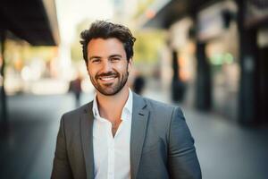 ai gerado uma feliz sorridente profissional homem, luz embaçado escritório fundo, fechar-se Visão foto