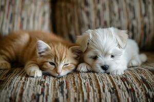 ai gerado pequeno branco cachorro e gato descansando em uma sofá foto