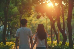 ai gerado jovem casal caminhando juntos dentro flor jardim, feliz dia dos namorados dia conceito foto