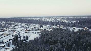 topo Visão do chalé Vila em inverno dia dentro floresta. grampo. inverno panorama com chalé Cidade dentro floresta área. conífero floresta com chalé casas em nublado inverno dia foto