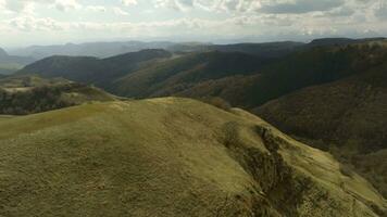 amarelo colinas com Relva e outono florestas. tomada. topo Visão do lindo colinas com amarelo Relva e outono árvores panorama com outono colinas e estepe Relva em fundo do horizonte com céu foto