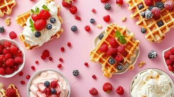 ai gerado Belga waffle Publicidades com delicioso fruta e creme foto