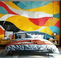 ai gerado brilhante quarto mural com abstrato Projeto amarelo foto