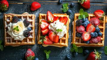 ai gerado Belga waffle Publicidades com delicioso fruta e creme foto