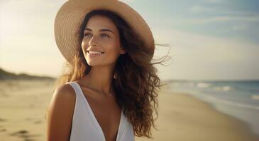 ai gerado uma fêmea modelo sorridente enquanto caminhando em a de praia foto