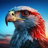 ai gerado uma Falcão tem Está brilhante plumagem contra a vermelho e azul céu foto
