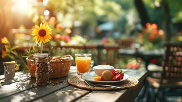 ai gerado lindo propaganda foto do verão café da manhã dentro ao ar livre cafeteria com cópia de espaço