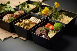 ai gerado saudável refeição caixas mostrando carne com legumes e ervas foto