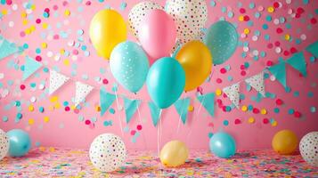 ai gerado uma festivo matriz do colorida balões, bandeiras, e confete em uma alegre aniversário pano de fundo foto