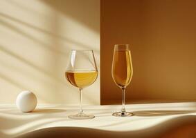 ai gerado branco vinho e flauta em mesa com emulsão fundo foto