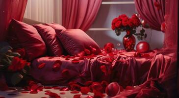 ai gerado a cama é decorado com vermelho balões e vermelho rosas foto