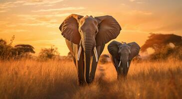 ai gerado dois elefantes andar através a aberto campo foto