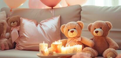 ai gerado Urso de pelúcia ursos sentar em a sofá com almofadas às uma crianças aniversário festa foto