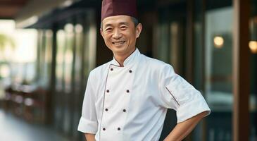 ai gerado a sorridente chefe de cozinha dentro frente do uma restaurante foto