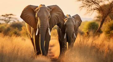 ai gerado dois elefantes andar através a aberto campo foto