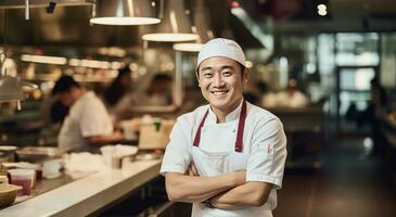 ai gerado a sorridente chefe de cozinha dentro frente do uma restaurante foto