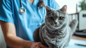 ai gerado generativo ai, fofa gato ser examinado de profissional veterinário dentro veterinario clínica foto