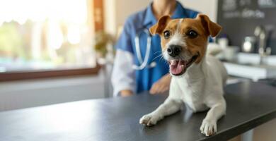 ai gerado generativo ai, fofa pequeno cachorro ser examinado de profissional veterinário dentro veterinario clínica foto