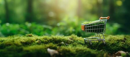 ai gerado generativo ai, compras carrinho em Relva e musgo fundo, meio Ambiente conceito, compulsão por compras, ecologia conceito. sustentável estilo de vida, consciente consumo foto