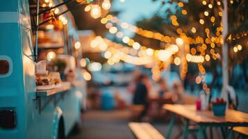 ai gerado generativo ai, Comida caminhão rua festival, borrado luzes fundo, atmosférico bokeh, silenciado cores foto