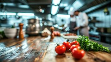 ai gerado generativo ai, ocupado chefs trabalhando em a restaurante cozinha , borrado fundo foto